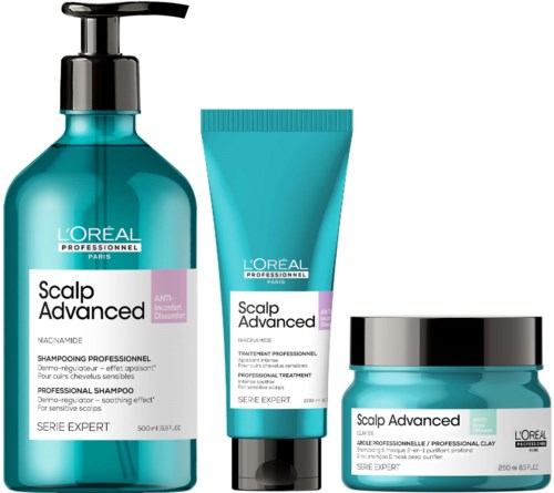 Drei Haarpflegeprodukte für Kopfhaut und Haarbehandlung von L'Oréal mit Flaschen und einem Behälter.