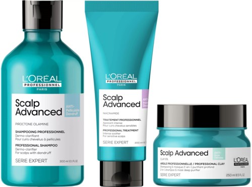 Reihe von Kopfhautpflegeprodukten mit Shampoo, Behandlung und Tonerde gegen Schuppen und Kopfhautgesundheit.