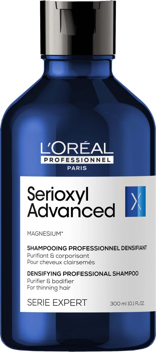 Sininen pullo L'Oréal Serioxyl Advanced -shampoolle ohutuille hiuksille.