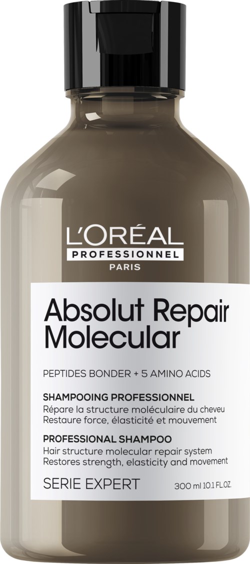 Ein grauer Shampoo-Flasche mit schwarzem Deckel, weißes Etikett und schwarzem Text für Haarreparatur und Proteinreparatur.