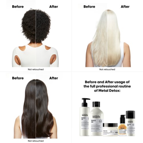 Drei Frauen zeigen ihr Haar vor und nach einer Detox-Behandlung, und Haarpflegeprodukte sind zu sehen.