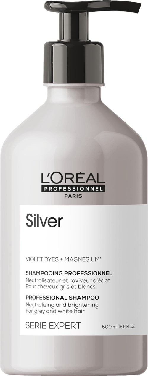 A white bottle with a black pump labeled L'Oréal Silver shampoo for gray and white hair. Contains violet dyes and magnesium.
