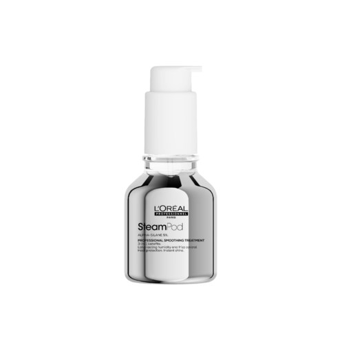 Eine kleine weiße und silberne Flasche mit Pumpe, beschriftet 'L'Oreal SteamPod,' für Haarbehandlung.