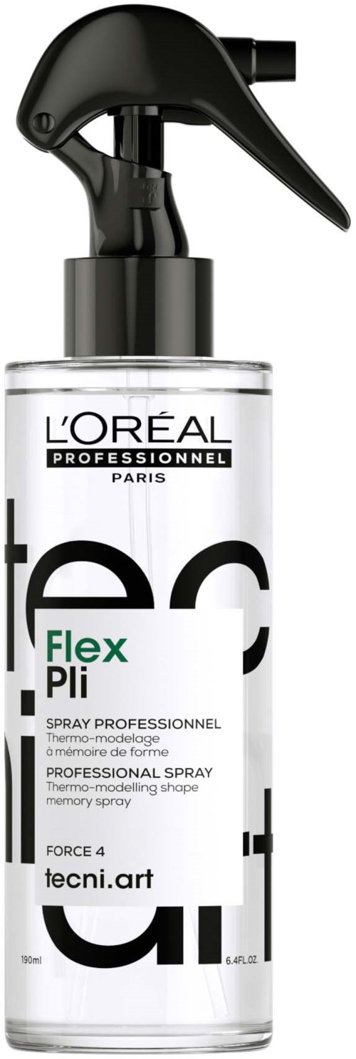 Doorzichtige sprayfles met zwarte spraykop, gelabeld 'L'Oreal Professionnel' en 'Flex Pli' voor haarstyling.