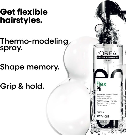Tekst die een haarspray promoot met voordelen voor flexibiliteit, vormgeving en grip. Bevat merk en details van het product.