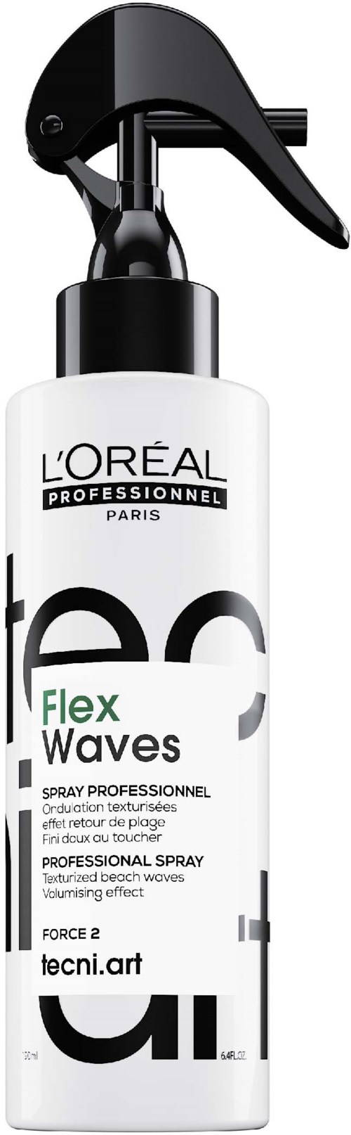 Een witte fles met een zwarte spraykop, gelabeld L'Oréal Professionnel Flex Waves voor professioneel haarstyling.