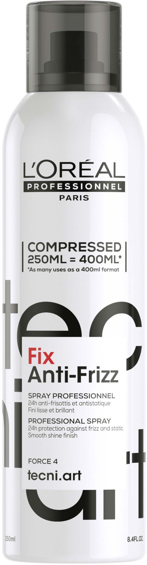 Een witte fles met zwarte en rode tekst voor L'Oréal haarspray, gelabeld Fix Anti-Frizz, 250 ml maat.