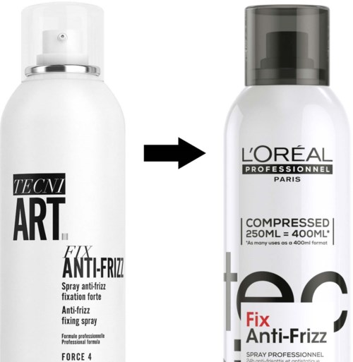 Twee witte haarspuitbussen, een gemarkeerd TECNI ART en de andere L'Oréal, met pijlen tussen hen.