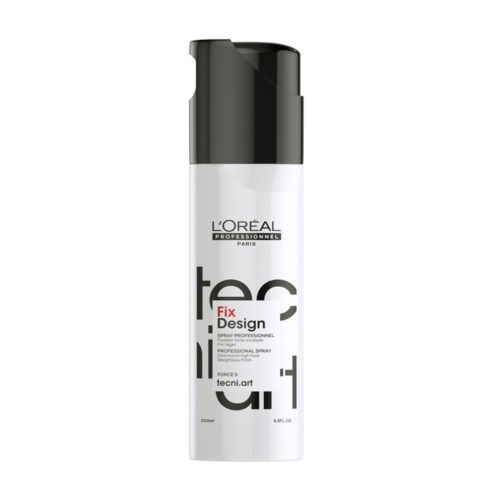 A white spray can with black cap, labeled 'L'Oréal Professionnel Tecni.Art Fix Design', standing upright.
