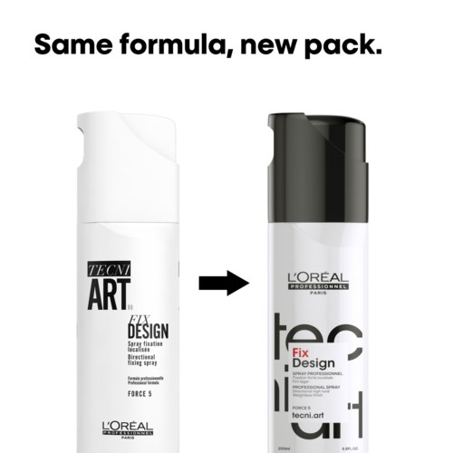 Two hair spray bottles showing the same product with different packaging designs. Text explains the new pack.