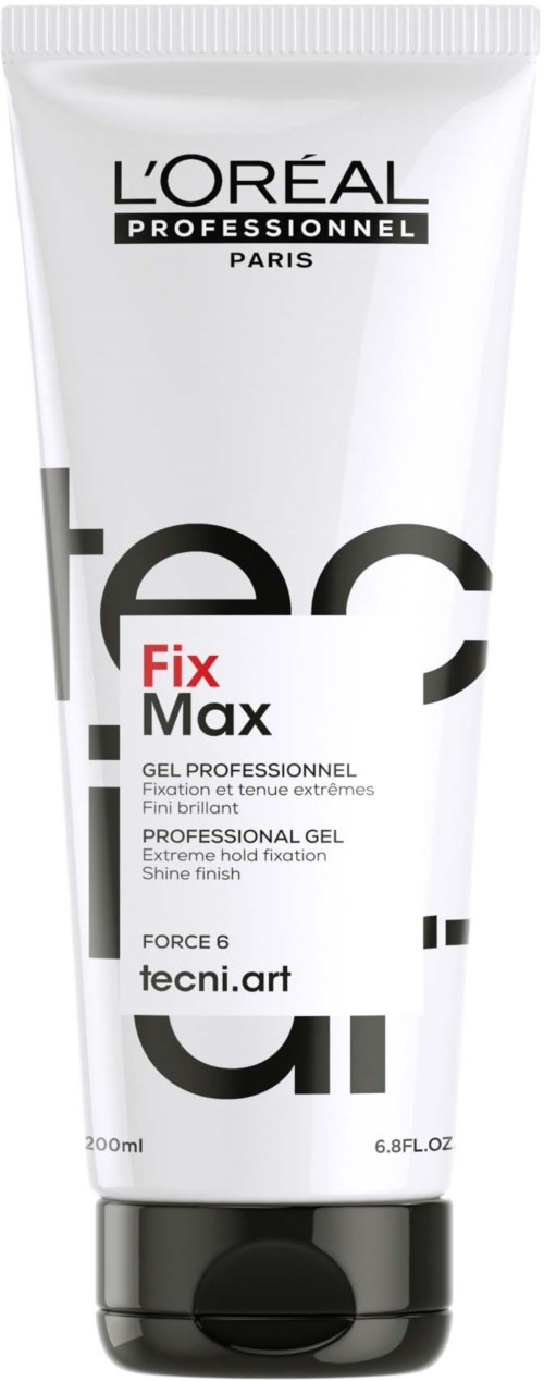 En vit tub med L'Oréal-gel med svart, rött och grått text, står upprätt, synliga varumärken och produktdetaljer.