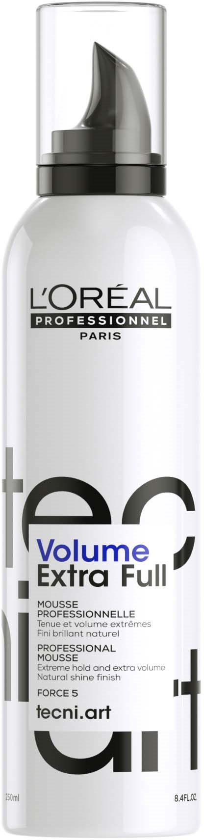 Eine lange weiße Flasche L'Oréal-Haummousse mit schwarzem Deckel und Pumpe, gekennzeichnet für Volumen und Fülle.
