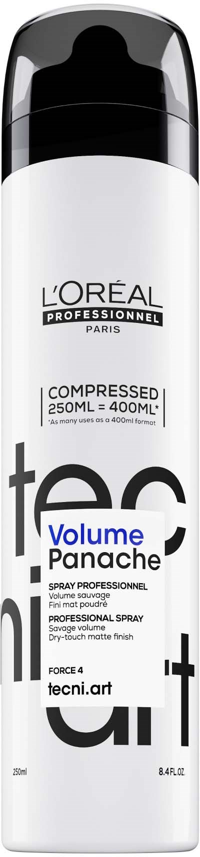Een lange, zwarte en witte spuitbus van L'Oréal Tecni.art haarspray met productgegevens en merklogo.
