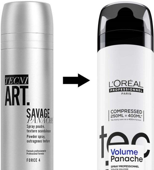 Een voor-en-na-afbeelding van een haarproducttransformatie van Tecni Art. naar L'Oréal Paris.