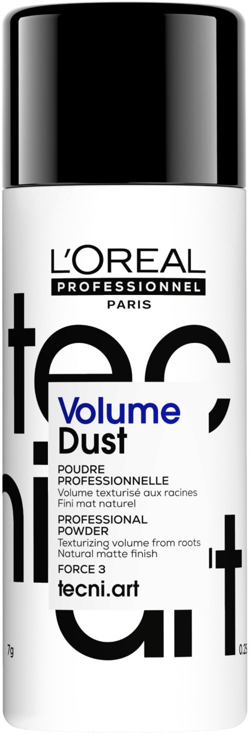 Zwarte en witte bus met L'Oreal Professionnel Tecni.Art Volume Dust voor getextureerde, natuurlijke finish haar.