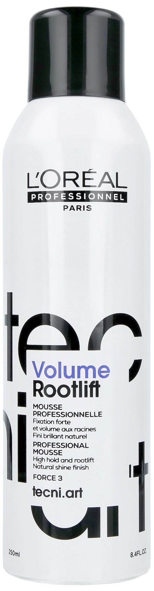 A white bottle with a black cap, labeled L'Oreal Professionnel Volume Roofliff hair mousse.