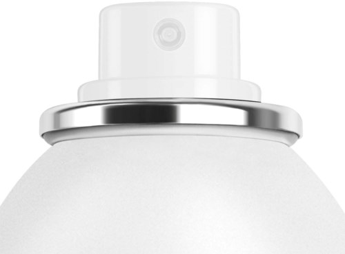 Close-up of a white spray can with a silver ring and a white cap.