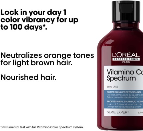 Text explaining hair color treatment benefits and product details, including vitamin C spectrum shampoo for light brown hair.