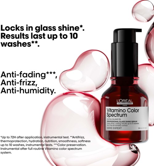 L'Oreal serum in a red bottle promises shine, lasts up to 10 washes, and fights fading, frizz, and humidity.