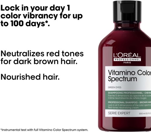 Text about hair color benefits, including long-lasting vibrancy, neutralizing red tones, and nourishing hair.