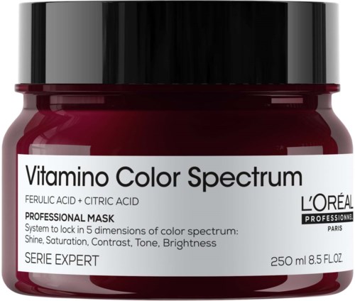 L'Oréal Vitamino Color Spectrum -naamio, tummanpunainen purkki mustalla kannella, tarkoitettu hiusten värin hoitoon.