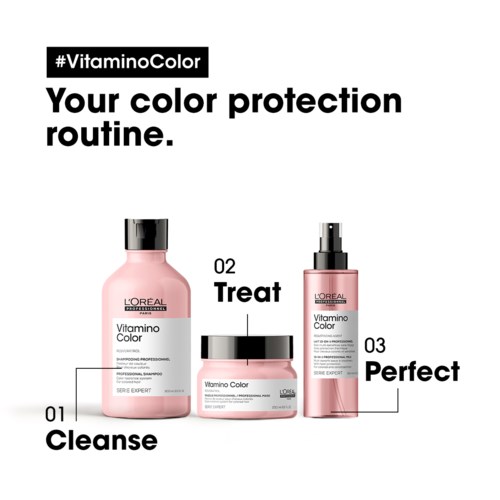 Drei pinke Haarpflegeprodukte mit den Labels Cleanse, Treat und Perfect sind in einer Reihe. Sie stammen aus Loreal's Vitamino Color Linie.