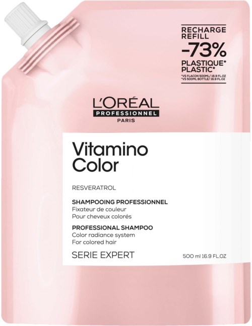 Pink refill pouch of L'Oreal Vitamino Color shampoo for color-treated hair, with description of product and brand in text.