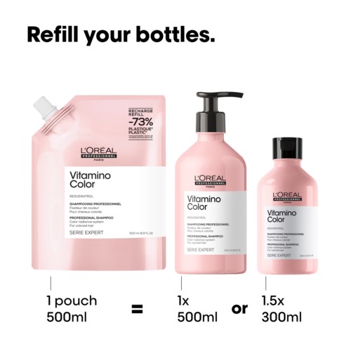 L'Oreal Vitamino Color shampoo in three forms: pouch, bottle, and small bottle for refilling.
