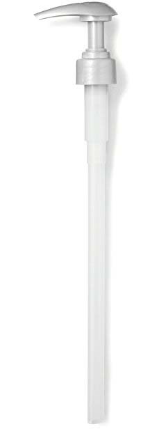 Een witte zeepdispenser met een pomp aan de bovenkant, bevestigd aan een lange buis.