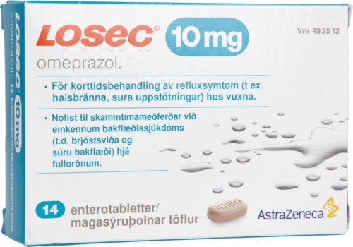 Förpackning av Losec 10 mg för kortvarig behandling av reflux, innehållande 14 tabletter, från AstraZeneca.