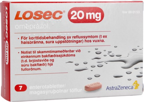 Låda med Losec medicin med 20 mg dos och sju tablett, används för refluxsymptom hos vuxna.
