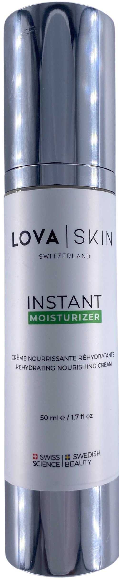 En vit och silverfärgad flaska av LOVA SKIN Instant Moisturizer från Schweiz. Innehåller 50 ml näringsrik kräm.