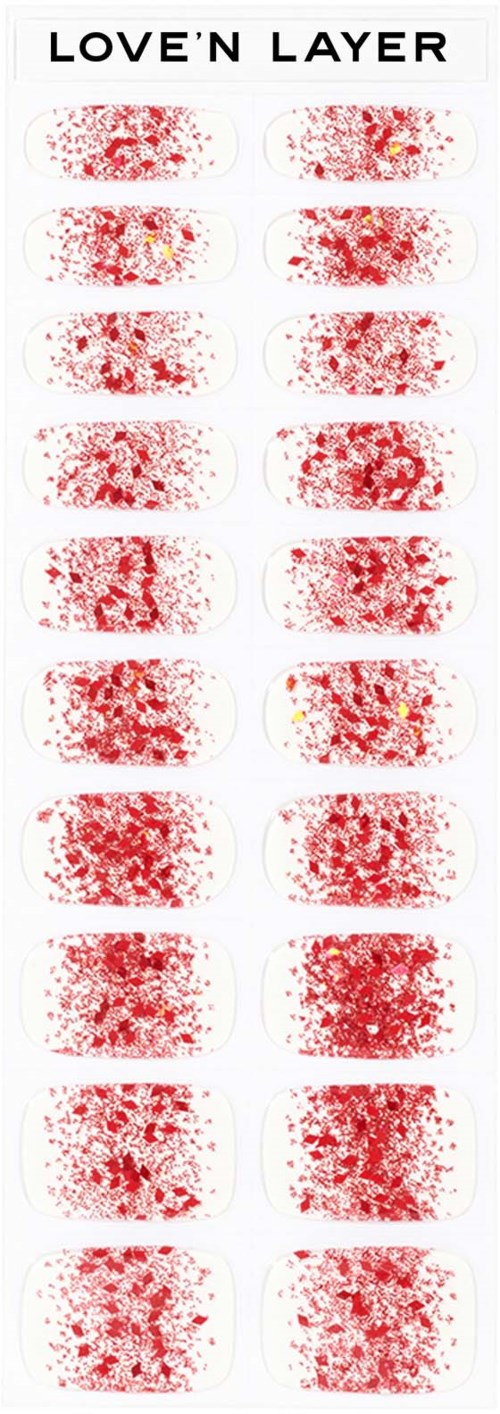 A collection of red and yellow patterns resembling fingerprints, labeled 'LOVE'N LAYER' at the top.