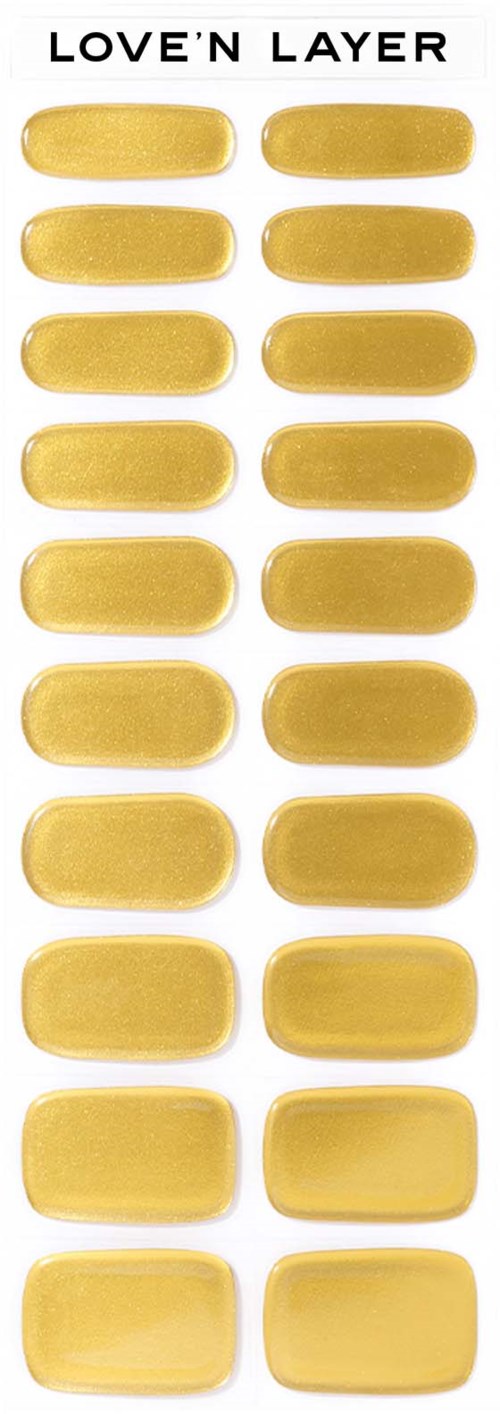 A sheet with 20 gold-colored patches labeled "Love'n Layer." Each patch is rectangular and shiny.