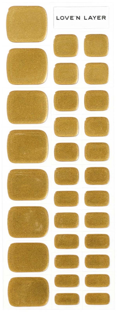 A sticker sheet with various sizes of golden square and rounded stickers, labeled "LOVE N LAYER" at the top.