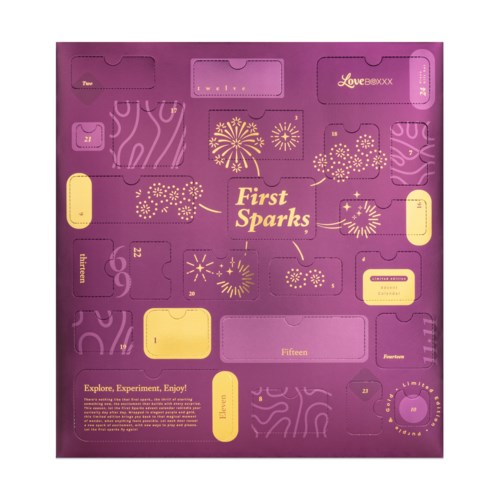 Lila Adventskalender mit gelben und weißen Funken, Zahlen und Wörtern, mit Feuerwerk- und Feiermotiven.