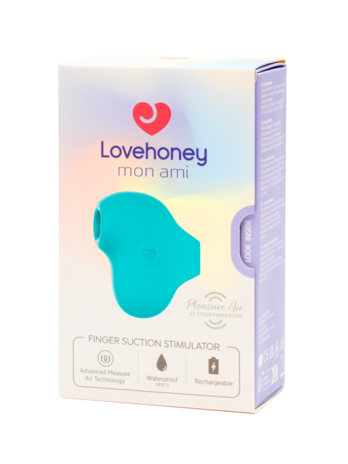 Blauer Fingersaugstimulator in einem Lovehoney-Box, wasserdicht und wiederaufladbar.