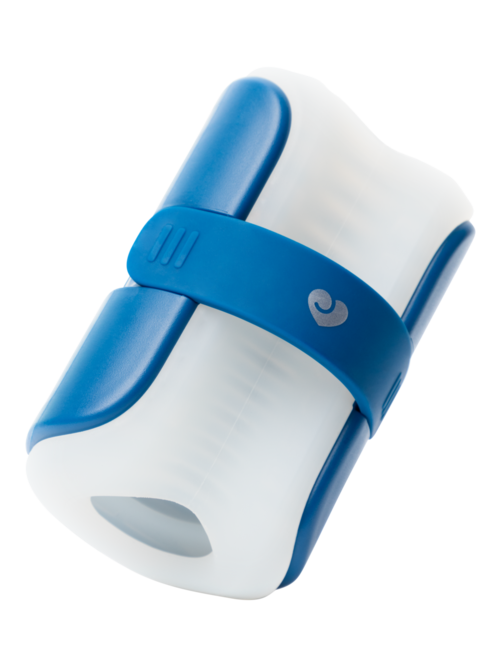 Ein medizinisches Gerät mit blauem Band und weißem Körper, möglicherweise ein Insulinpumpen oder Sterilisator.