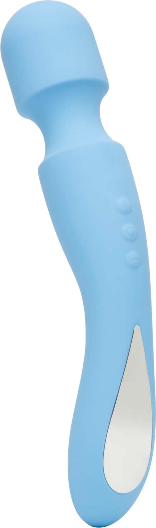 Ein blauer Gesichtsroller mit gebogener Form und kleinen Erhebungen auf einer Seite.