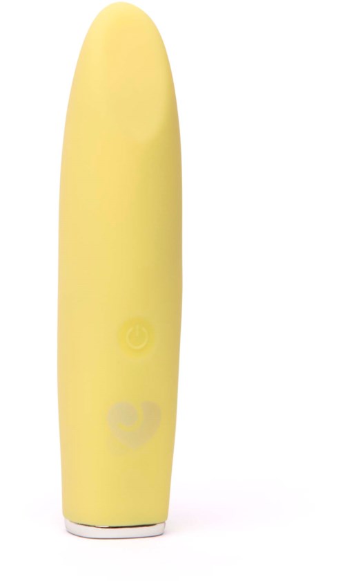 Ein gelbes modernes Gerät mit zwei Knöpfen, steht aufrecht, schlichtes und elegantes Design.