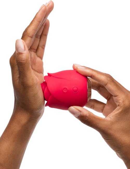 Two hands hold a small red hippo-shaped object, making a stop gesture.