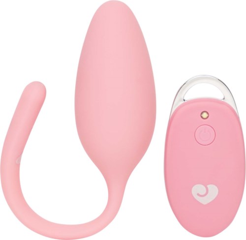 Rosa Massagegerät mit Fernbedienung und gebogenem Design.