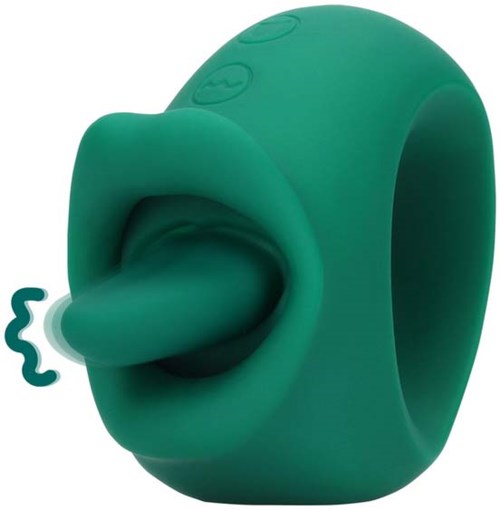 Ein grüner Silikonring mit herausgestreckter Zunge und zwei Knöpfen, sieht aus wie ein lustiges Gesicht.