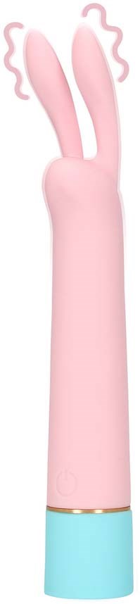 Ein rosa und blaue stabförmige Vorrichtung mit Hasenohren und wellenförmigen Aufsätzen oben.