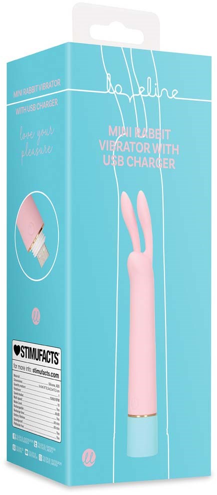 Ein rosa Kaninchen-Vibrator mit USB-Ladegerät auf einer blauen Schachtel. Die Schachtel zeigt eine niedliche Kaninchenform und hat Produktbeschreibung.
