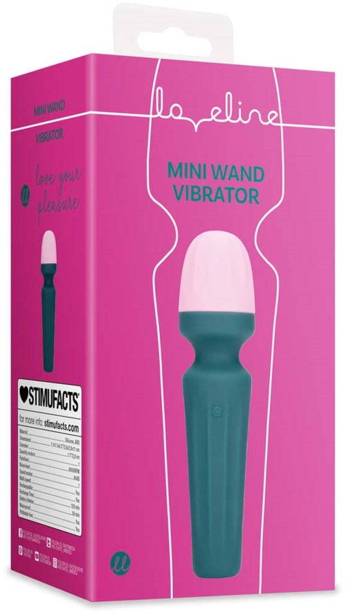 Pink und teal Verpackung für einen Mini-Wand-Vibrator, mit einfacher Illustration und Produktname auf der Box.