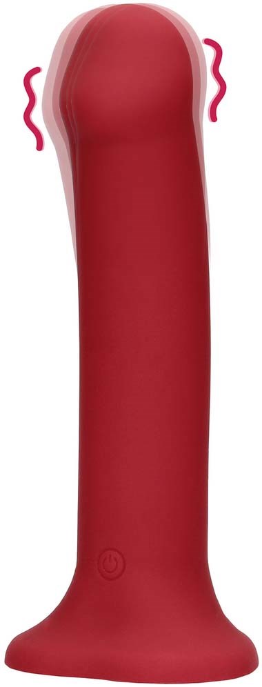 Langer roter Gegenstand mit wellenförmigen Linien oben und Knopf unten. Sie ähnelt einem Spielzeug oder Vibrator.