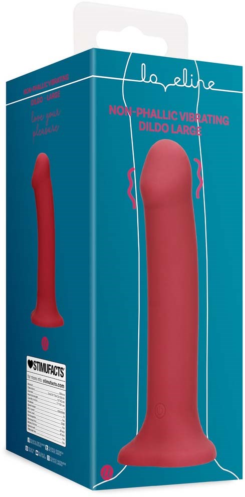 Roter Vibrator in Verpackung mit Aufschrift 'Non-Phallic Vibrating Dildo Large' und Produktdetails.