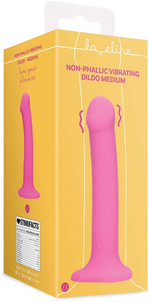 Ein pinker vibrierender Dildo in einer gelben Box mit der Aufschrift 'Non-Phallic Vibrating Dildo Medium'.