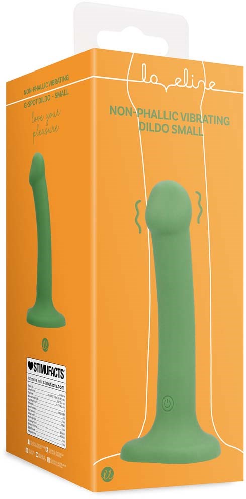 Ein grüner nicht-pneumatischer vibrierender Dildo in orange Verpackung mit weißem und schwarzem Text.